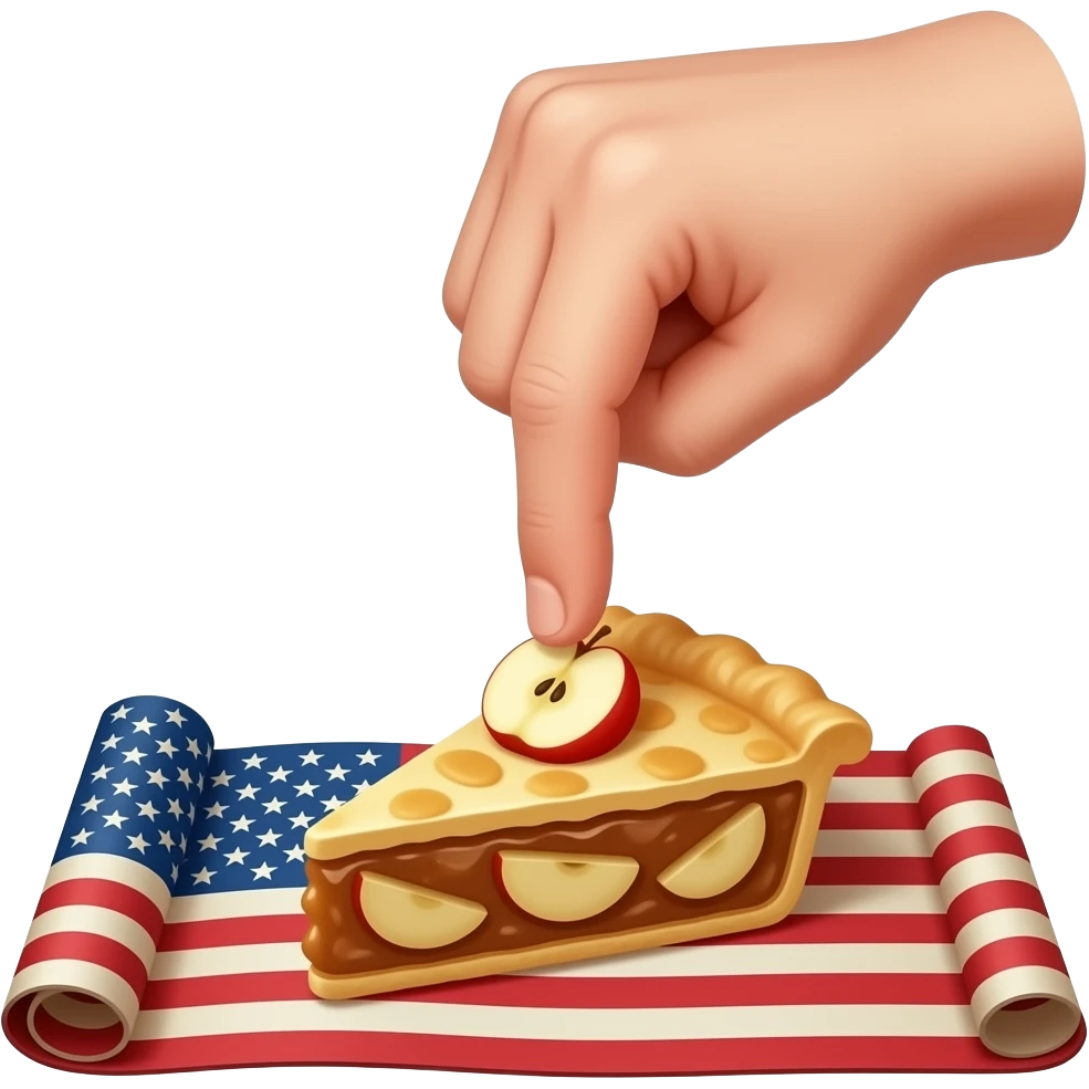 a finger dipped in a piece of apple pie placed on a rolled up old American flag emoji