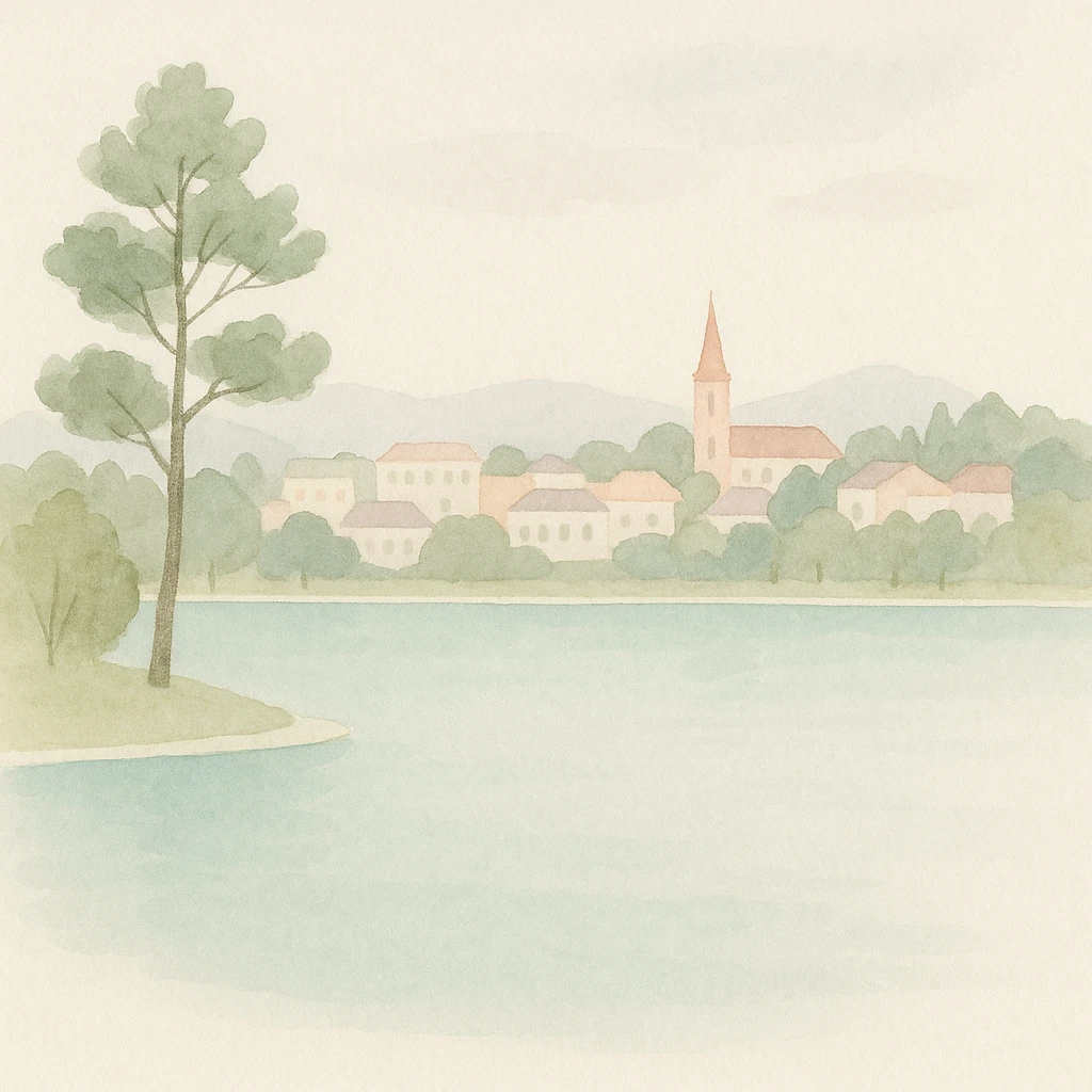 soft watercolor illustration of Lake Xuân Hương in Da Lat city, view of the city in the background across the lake, minimalist modern style, pastel colors, delicate linework, gentle whimsical mood, minimal soft shading emoji