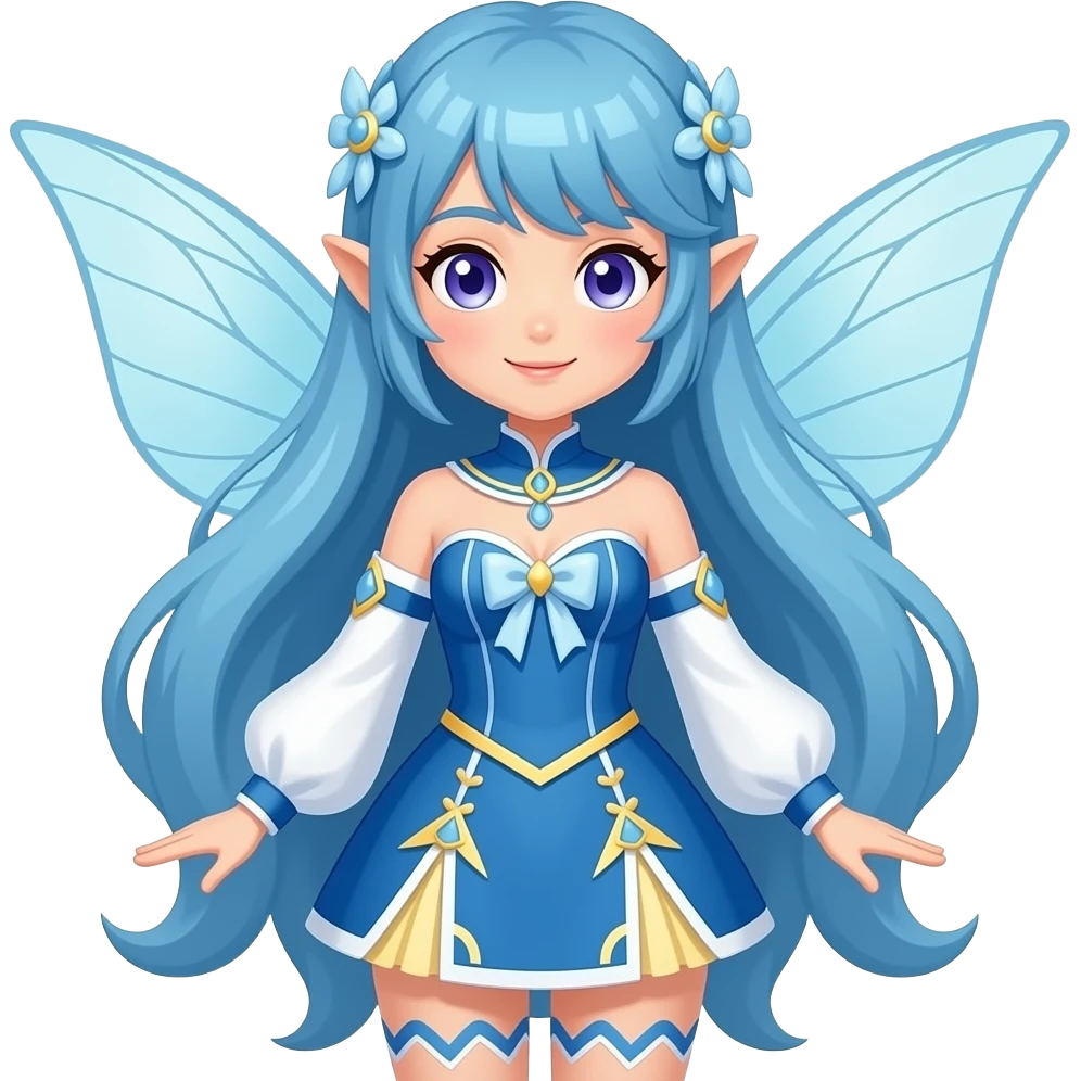 A full body female water fairy with blue hair violet eyes and wearing a blue outfit with white and cream yellow accents. emoji