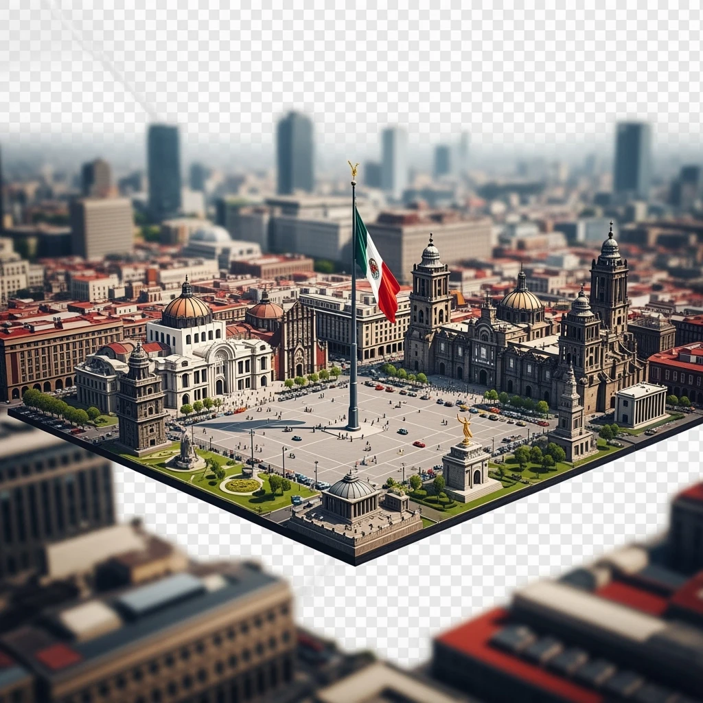 Isometric miniature of Mexico City Zócalo square with Metropolitan Cathedral, Palacio de Bellas Artes, Torre Latinoamericana, Chapultepec Castle, and Angel of Independence, atmosphere of the city 3D miniature effect and Tilt Shift effect, no cartoonish look, transparent background. emoji