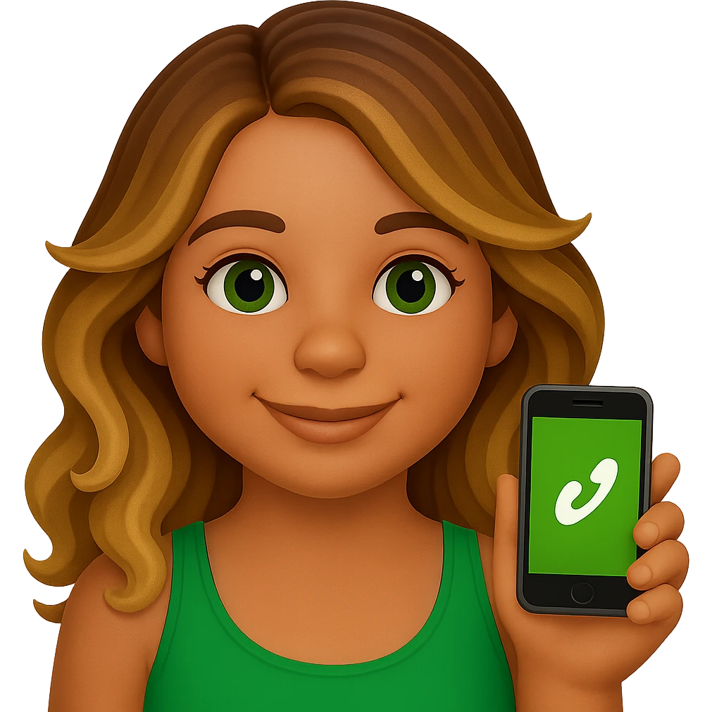 Make her eyes a little darker, give her a rounder face, and a soft smile. Keep the iPhone emoji style with long wavy hair with brown roots and blonde highlights, brown eyebrows, and summer tan. Maintain the transparent background. emoji