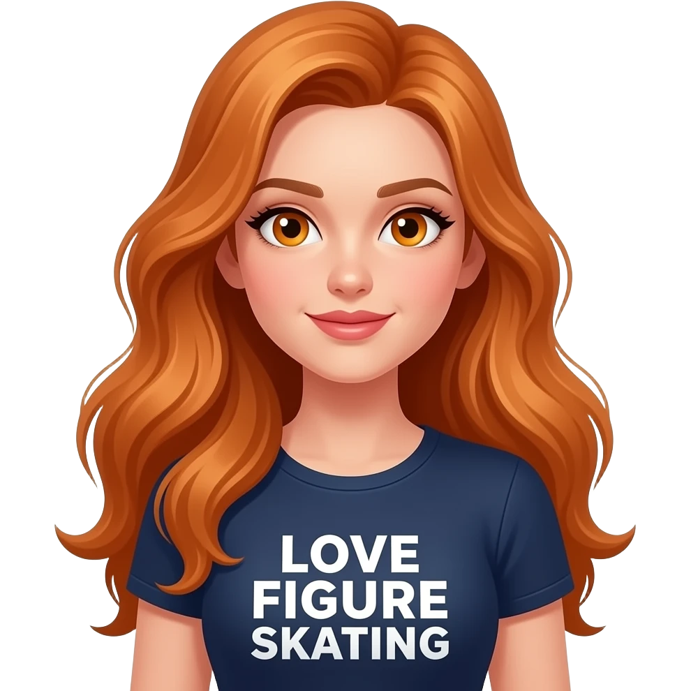 sexy girl with long ginger hair and ginger eyes a top with LOVE FIGURE SKATING written on it emoji