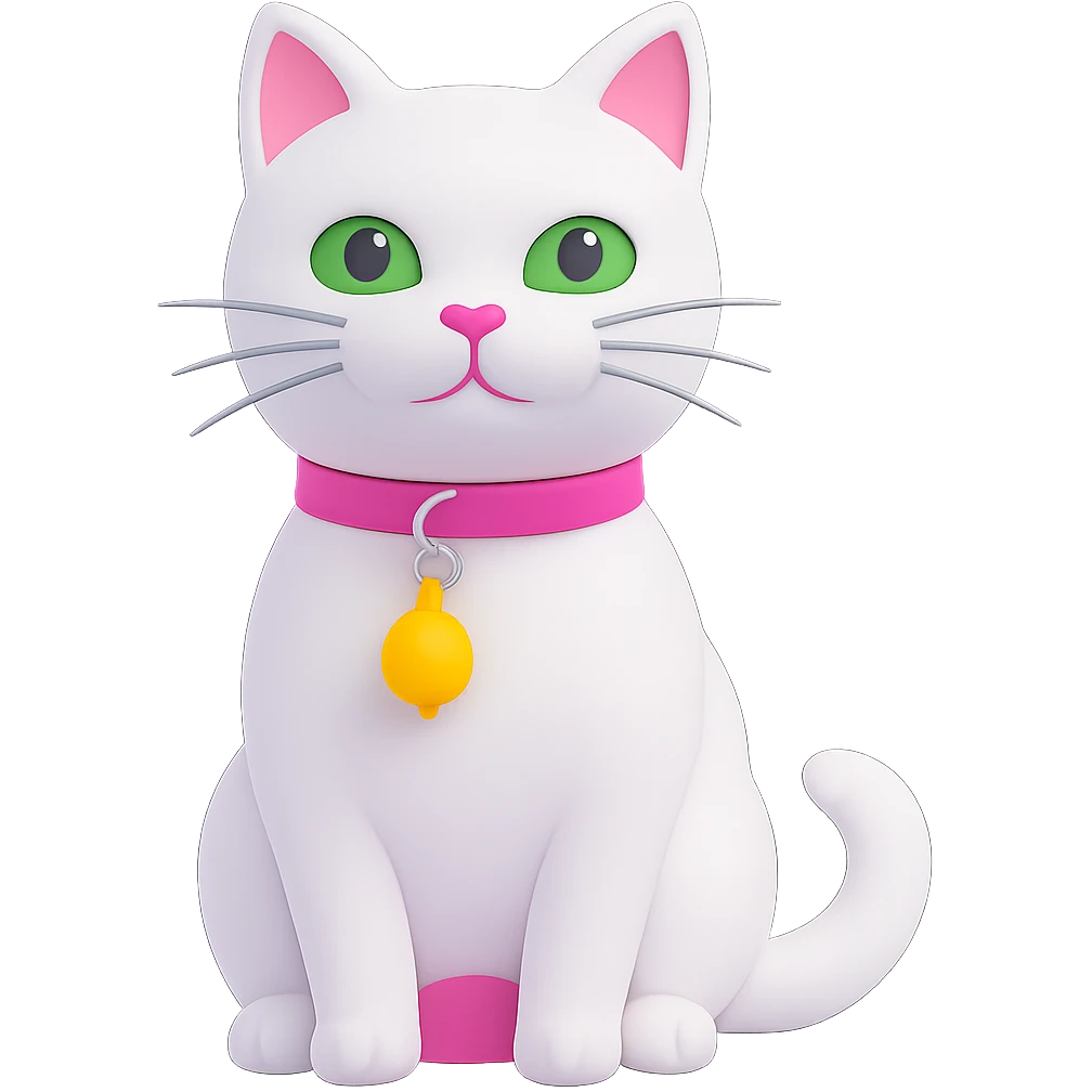 Edit the image of a white cat with a pink collar and a yellow bell on the collar. Change the cat's eyes to green. Remove the background so it is transparent. Maintain the style and details of the original image. emoji
