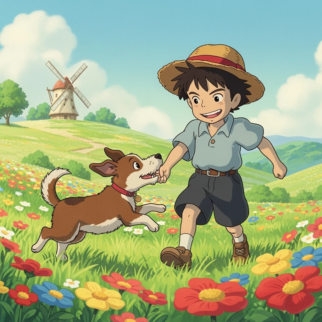 kid and his pet dog in studio ghibili style emoji