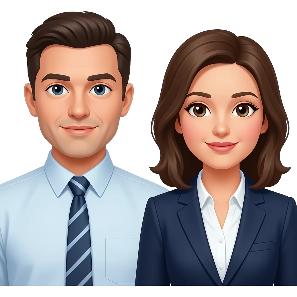 one business men wearing a shirt without necktie, one business women emoji