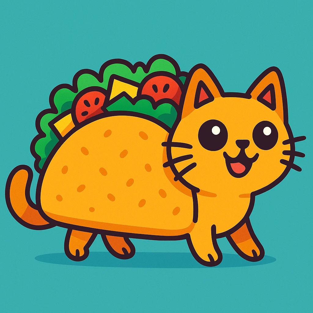a whimsical taco cat, half taco, half cat, with a playful expression, vibrant colors, cartoon style emoji