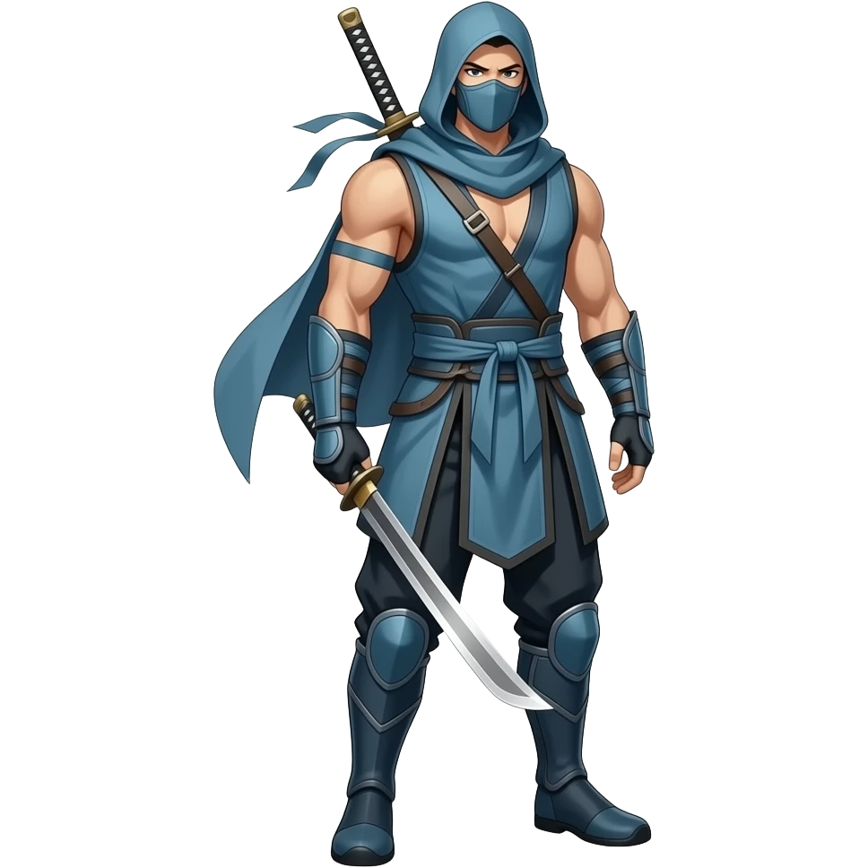 Anime Ninja all dark cyan with hood sleeveless cyan masks look superstrong and sword in back and ninja dark cyan pants and ninja boots very tall full body emoji