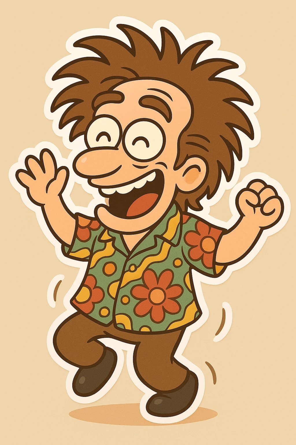 Make Shimmy Jimmy jiggle side to side, as if dancing, keep cartoon style and energetic expression, lively movement emphasized in chibi stickers style. emoji