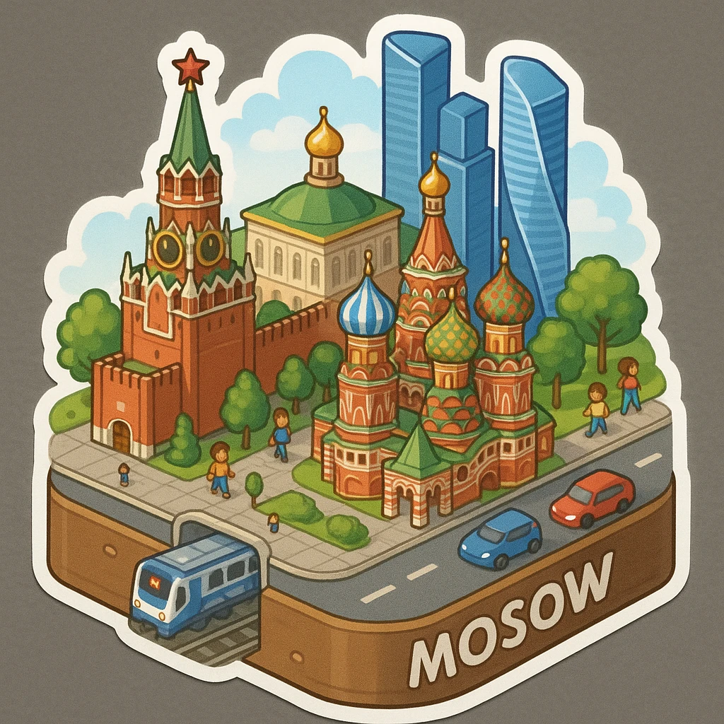 Изометричная миниатюрная 3D модель Москвы на подставке - фотореалистичный Кремль, собор Василия Блаженного, фотореалистичный Башни Москва-Сити, аккуратная детализация, яркие цвета, мультяшный реализм, гуляют люди и современный автотранспорт и метро, компактная композиция, вид сверху в изометрии emoji