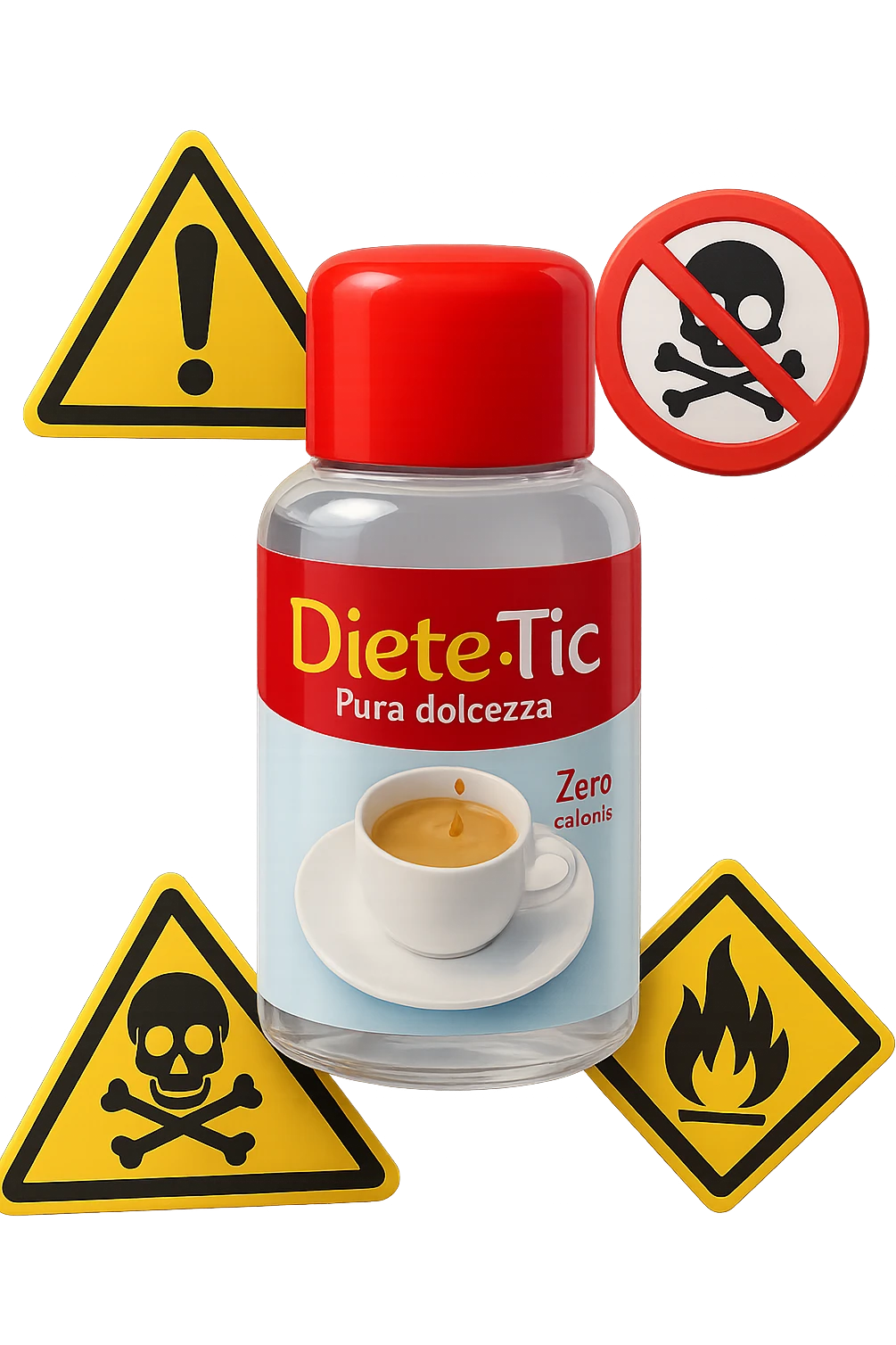 BOCCETTA DI DOLCIFICANTE LIQUIDO CON LA SCRITTA "DIETE-TIC" SULL'ETICHETTA FLUTTUA IN ARIA INSIEME A SEGNALI DI PERICOLO 3D emoji