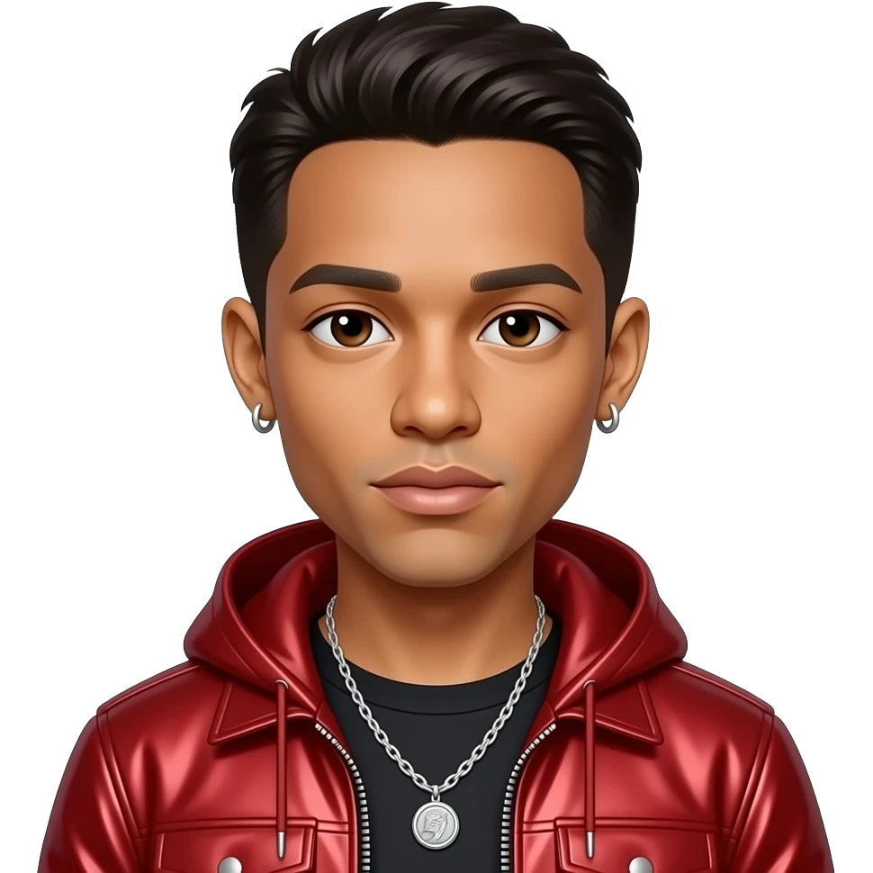 Jaden Smith with brown eyes, dark brown hair, red metallic hip hop outfit, necklace and earrings emoji