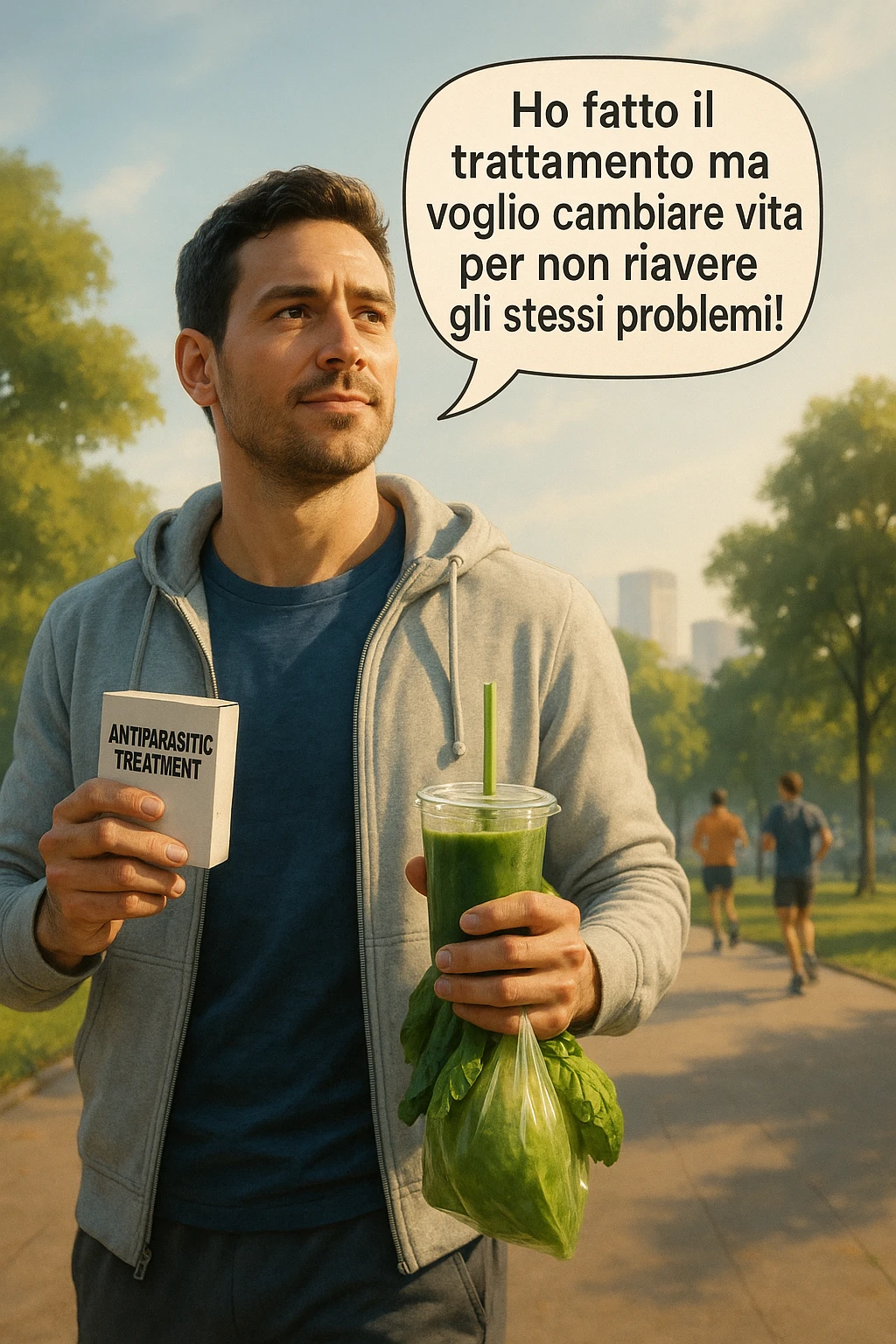 A realistic, cinematic illustration of a man in his early 30s with a determined and hopeful expression, standing outside under a bright morning sky, holding a small box labeled 'Antiparasitic Treatment' in one hand, while in the other hand he holds a fresh green smoothie or a bag of vegetables. A speech bubble near him says: ‘Ho fatto il trattamento ma voglio cambiare vita per non riavere gli stessi problemi!’ The man is wearing casual but clean and sporty clothing, symbolizing a fresh start, with the background showing a city park with green trees, morning light, and people jogging, indicating a healthy lifestyle. The atmosphere is bright, uplifting, and motivating, clearly illustrating the transition from treatment to lifestyle change to prevent future health issues. The style is realistic with warm tones, showing positive energy and commitment to change in italiano emoji