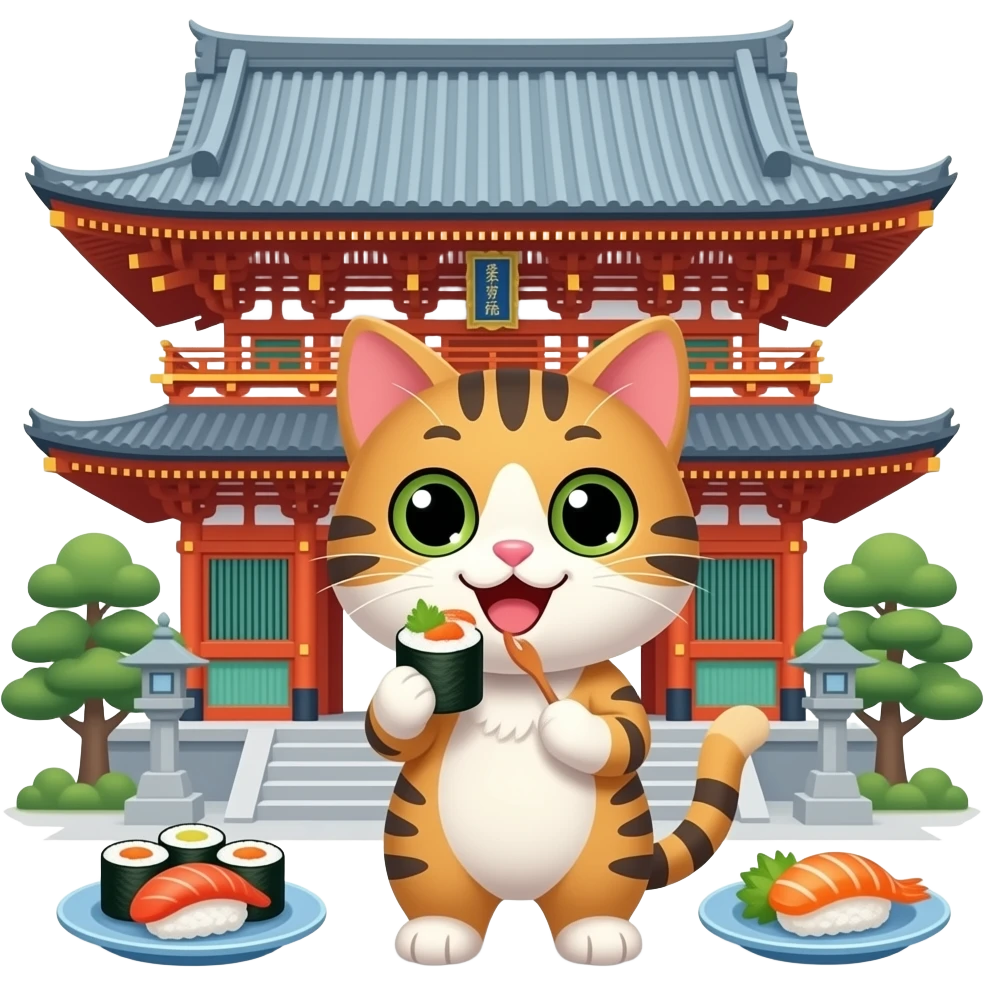 a happy cat in japan enjoying sushi in front of a japanese temple emoji