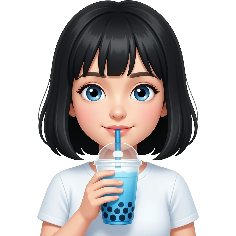 A girl with a black hair and light blue eyes drinking blue buble tea. emoji