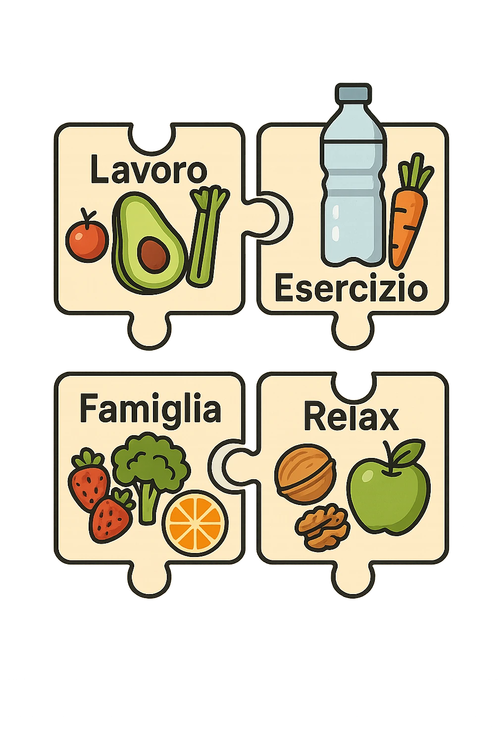 Puzzle (Lavoro, Esercizio, Famiglia, Relax), and healthy foods are integrated into each piece. in italiano emoji