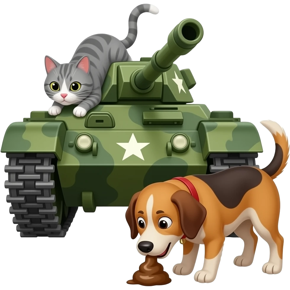 Un chat dans un tank qui fait caca et le chien mange le caca et il son dans un tank de l'armée emoji