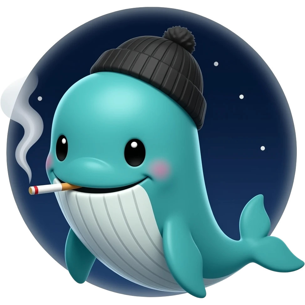 🐋🧢🚬😏 Green bullwhale wearing a black beanie, smirking confidently while smoking, dark blue night background, meme style. emoji