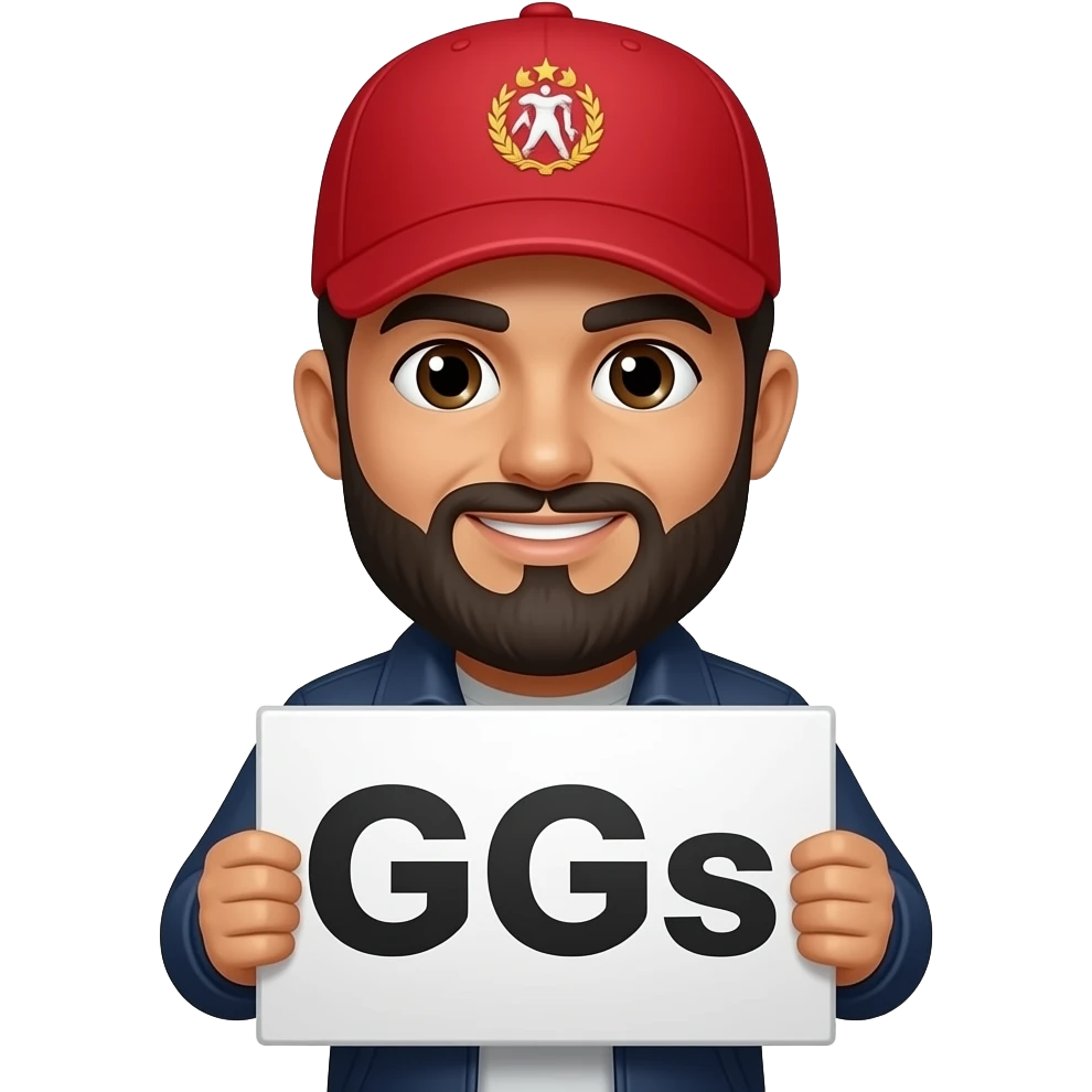 Hispanic Bearded Gamer Wearing A Red Cap Holding Sign that says GGs emoji