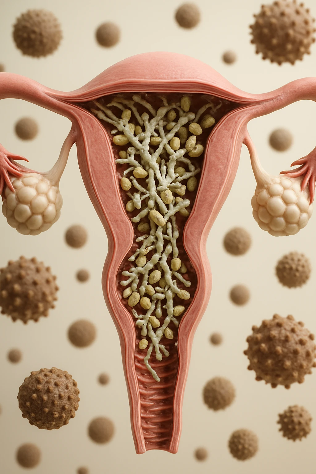 corpo umano anatomico con batteri come la candida nell'utero, sfondo neutro chiaro, iperrealistico 4k emoji