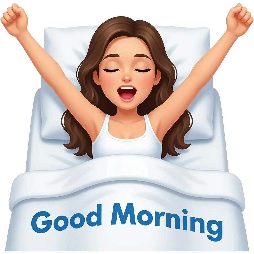 a naked woman waking up in bed with arms fully stretched and yawning with the words "Good Morning" in blue printed across emoji