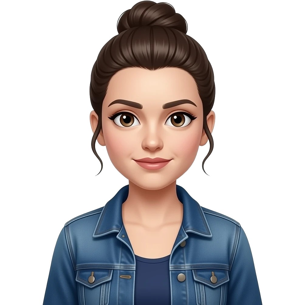 HT - dark brown eyes, very pale white skin, widows peak, dark brown long hair in a high bun, dark blue dress, denim jacket emoji