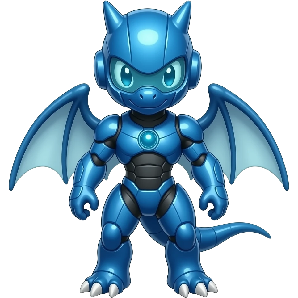 a shiny blue Genesect-Flygon-Raptor-Fakémon—hybrid with a futuristic visor-helmet full body emoji