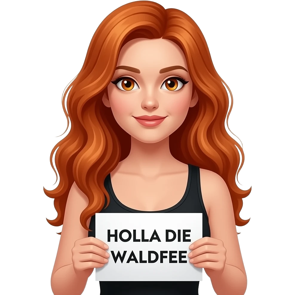 sexy girl with long wavy ginger hair and ginger eyes wearing a black tanktop is holding a white sign with HOLLA DIE WALDFEE written on it emoji