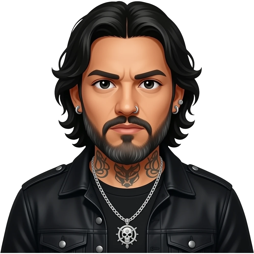 handsome, manly Latino podcast host with black colored eyes wearing black with silver jewelry, with medium length hair, a very long, lightly graying beard and tattoos, his ear pierced and right nostril as well, gives a death glare emoji