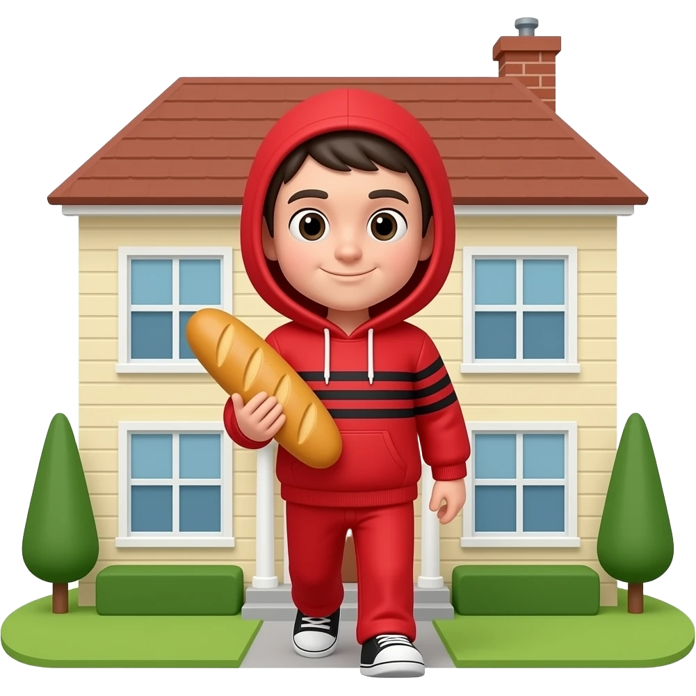 hacme una imagen de un señor saliendo de una casa grande con una cara con pantalones rojos i una sudadera roja con rallas por avajo de la sudadera negras i que el señor tenga cara porfavor i que el señor sea mas vajito i que tenga fondo i un pan en la mano emoji