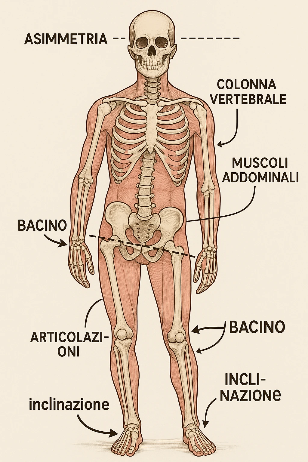 Uomo con problemi di asimmetrie e bacino inclinato, visione anatomica in italiano emoji