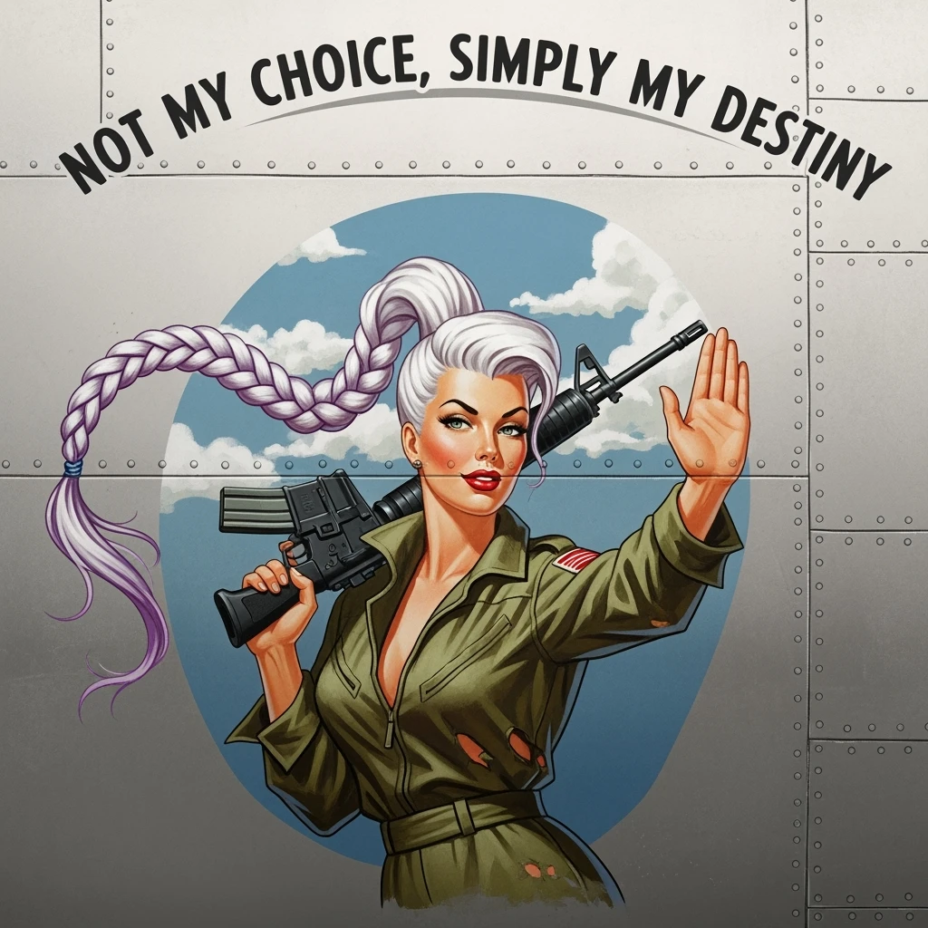 a retro military pinup fuselage decoration for the motto " not my choice, simply my destiny "
the female figure in the pinup image wears a single white braid with lavender tips, breaching, m16, "stop" handsignal emoji