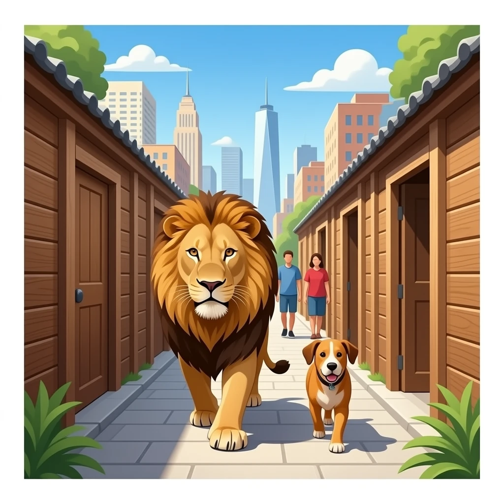 quiero que en un pueblo este un leon y un perro andando por la ciudad y que las persoans esten en las acsas cerrradas con madera emoji