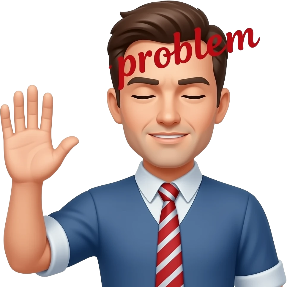 a man with closed eyes waving his hand dismissively with the word "No problem" written over his head in red emoji