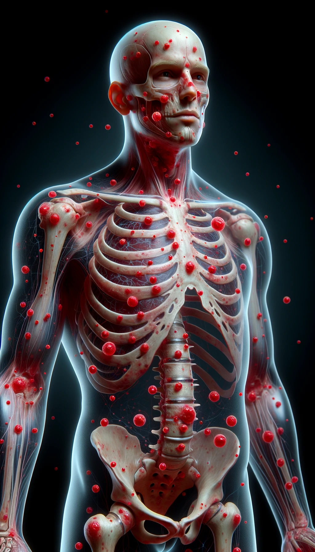 CORPO UMANO ANATOMICO CON RED SPOT DI INFIAMMAZIONE SPARSI SUL CORPO, iperrealistico 4k emoji