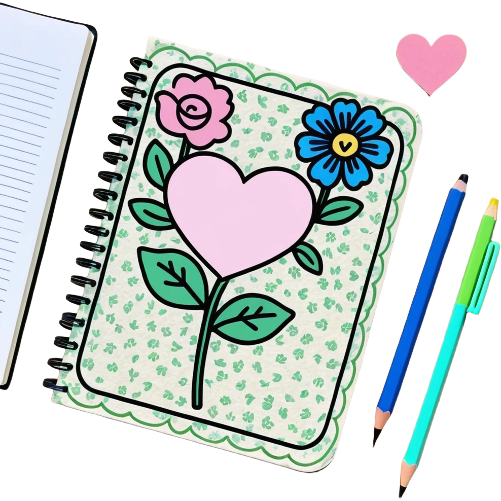 A whimsical notebook open showing pink color heart dollars and blue and green flowers with a pencil, sitting on an antique wooden tablet covered in a floral print pastel tablecloth, watercolor die-cut sticker, 8k emoji