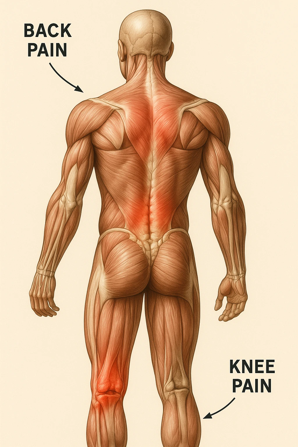 corpo umano anatomico con mal di schiena e al ginocchio, iperrealistico 4k emoji
