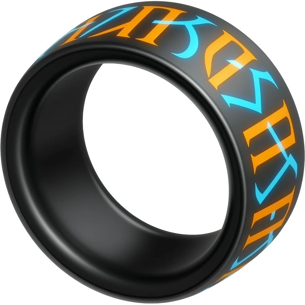 Black ring with glowing orange and blue runes emitting orange and grey emoji