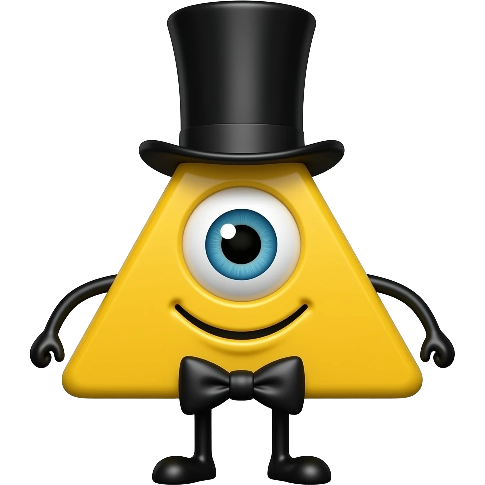 A yellow triangle with an eye, bow tie, little pitch black arms, little pitch black legs and a top hat that looks like an upside down T emoji