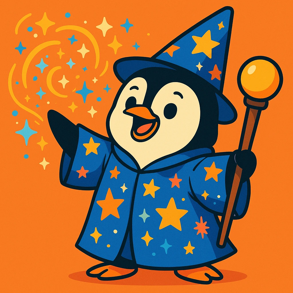 penguin wizard casting a spell, with sparkles and a starry robe, vibrant toon style emoji