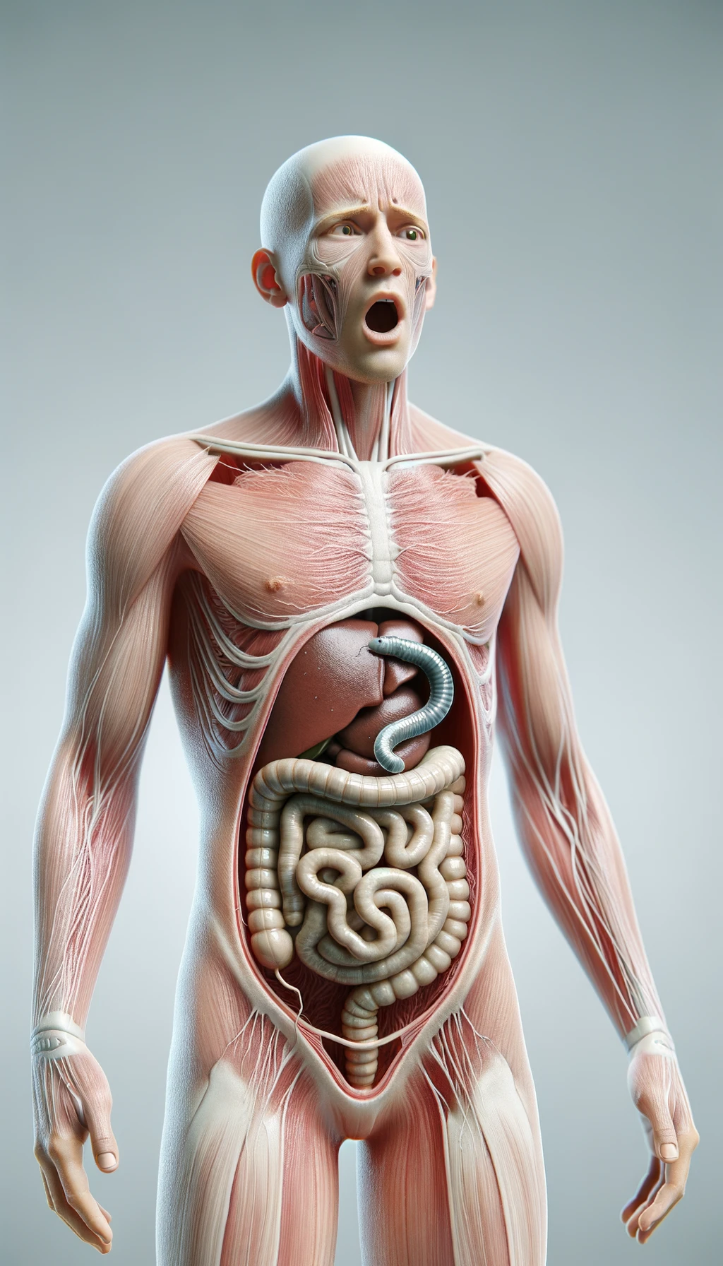 corpo umano anatomico con intestino in evidenza, con parassiti tipo la tenia che gli striscia addosso,  sulla pelle, figura visibile fino ai fianchi, espressione del volto scioccata, sfondo neutro chiaro, iperrealistico 4k emoji