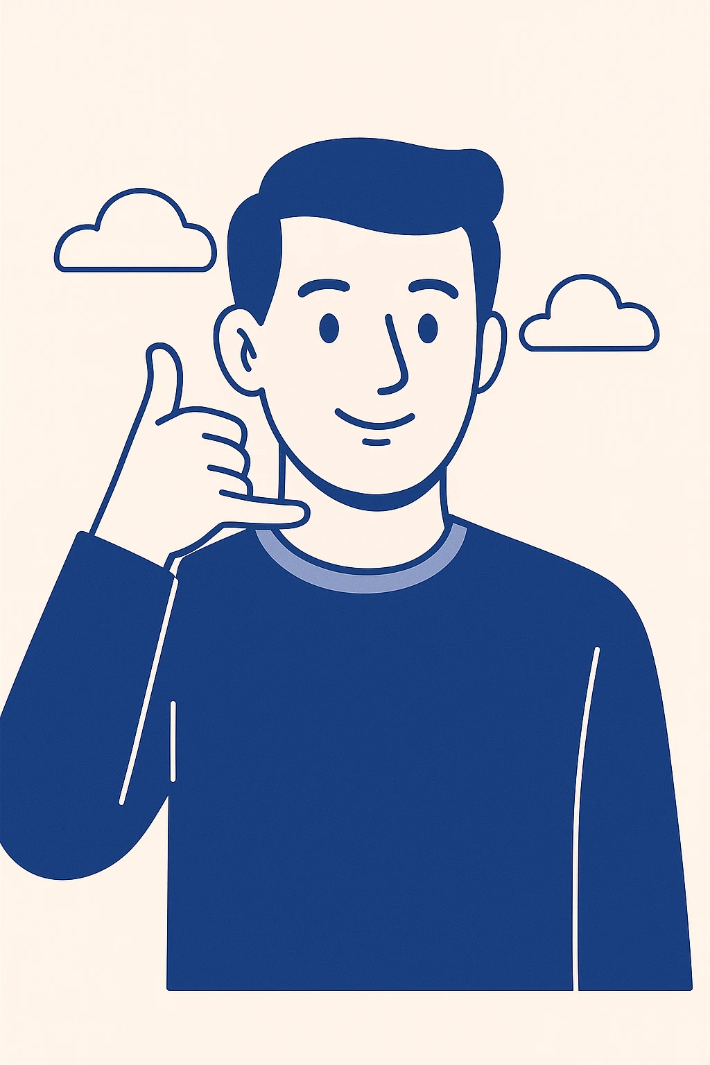 man making phone call gesture, hand to ear, thumb and pinky finger forming phone sign, front view, simple background, modern and clear style emoji