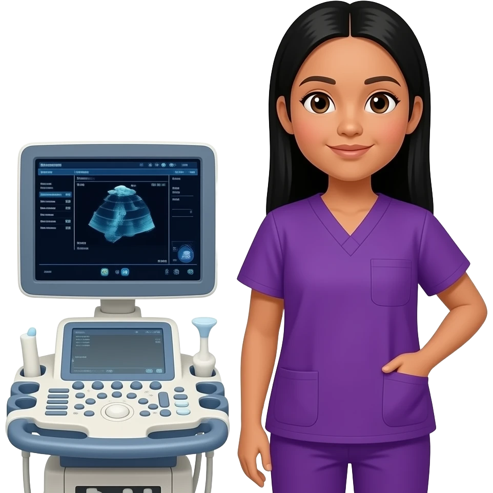 A Philippinosonographer with purple scrubs black long straight hair, brown eyes, tan skin standing next to an ultrasound machine emoji