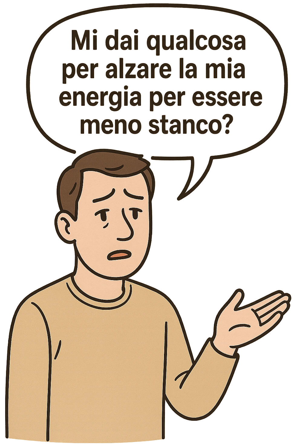 uomo che dice in una nuvoletta "mi dai qualcosa per alzare la mia energia per essere meno stanco?" emoji