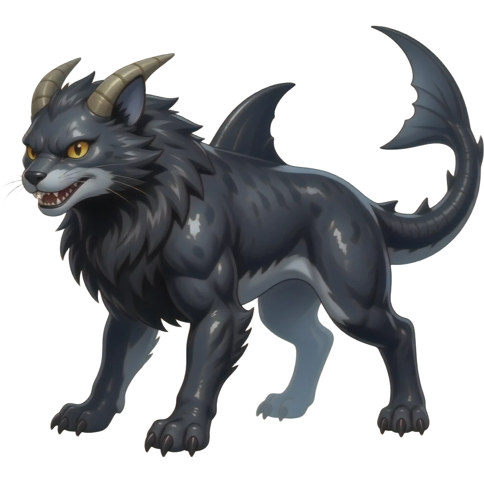 4-legged oily shimmering ruff rough digitigrade dark badass edgy landhai-Latias-Latios-carvanha-sharpedo-sergal-houndoom-Manectric-Night-Fury-hybrid-fusion-creature, with a long shark tail behind, full body emoji