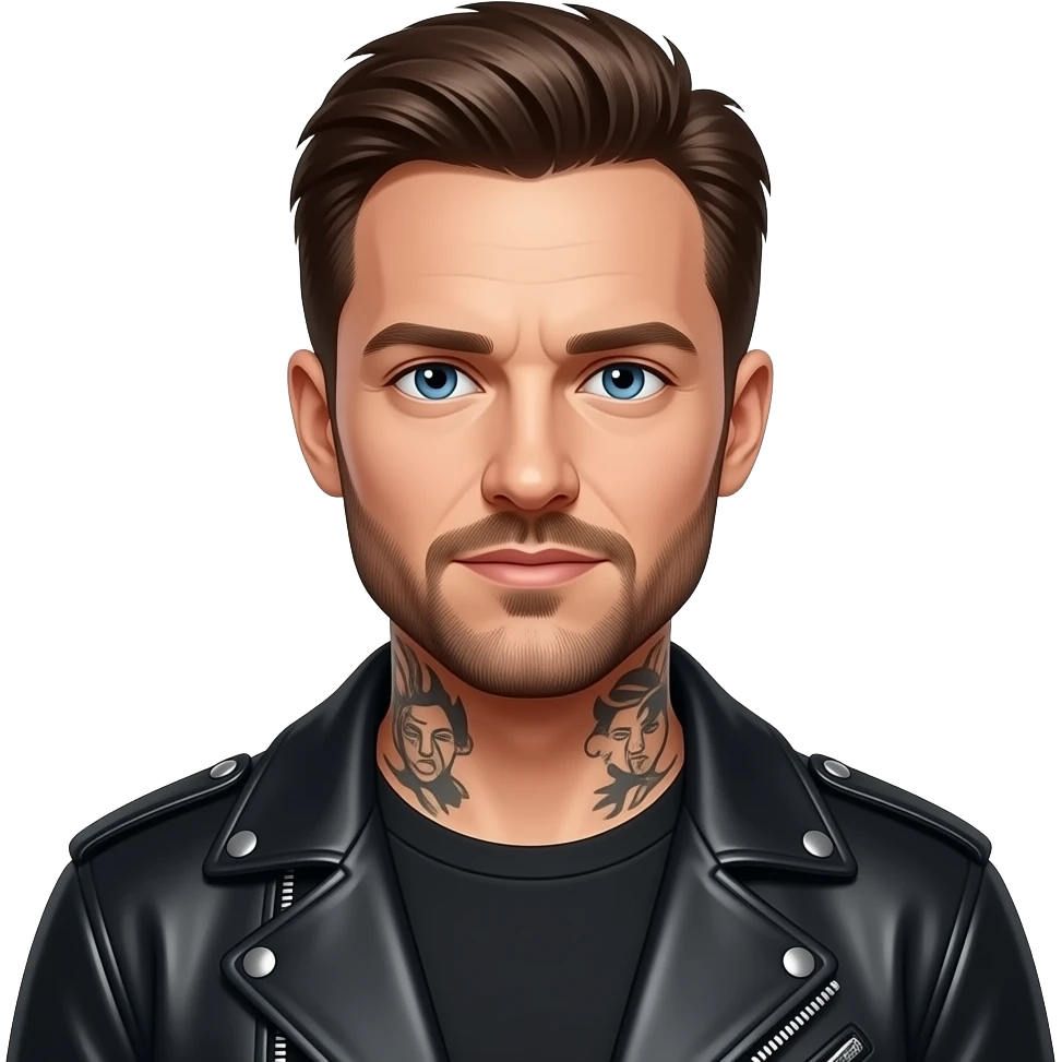 Sebastian Stan with tattoos and a leather jacket emoji