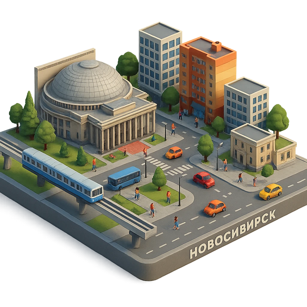 Изометричная миниатюрная фотореалистичная 3D модель Новосибирска, четкая детализация, яркие цвета, мультяшный реализм, люди, автотранспорт и метро, компактная композиция, вид сверху в изометрии, прозрачный фон emoji