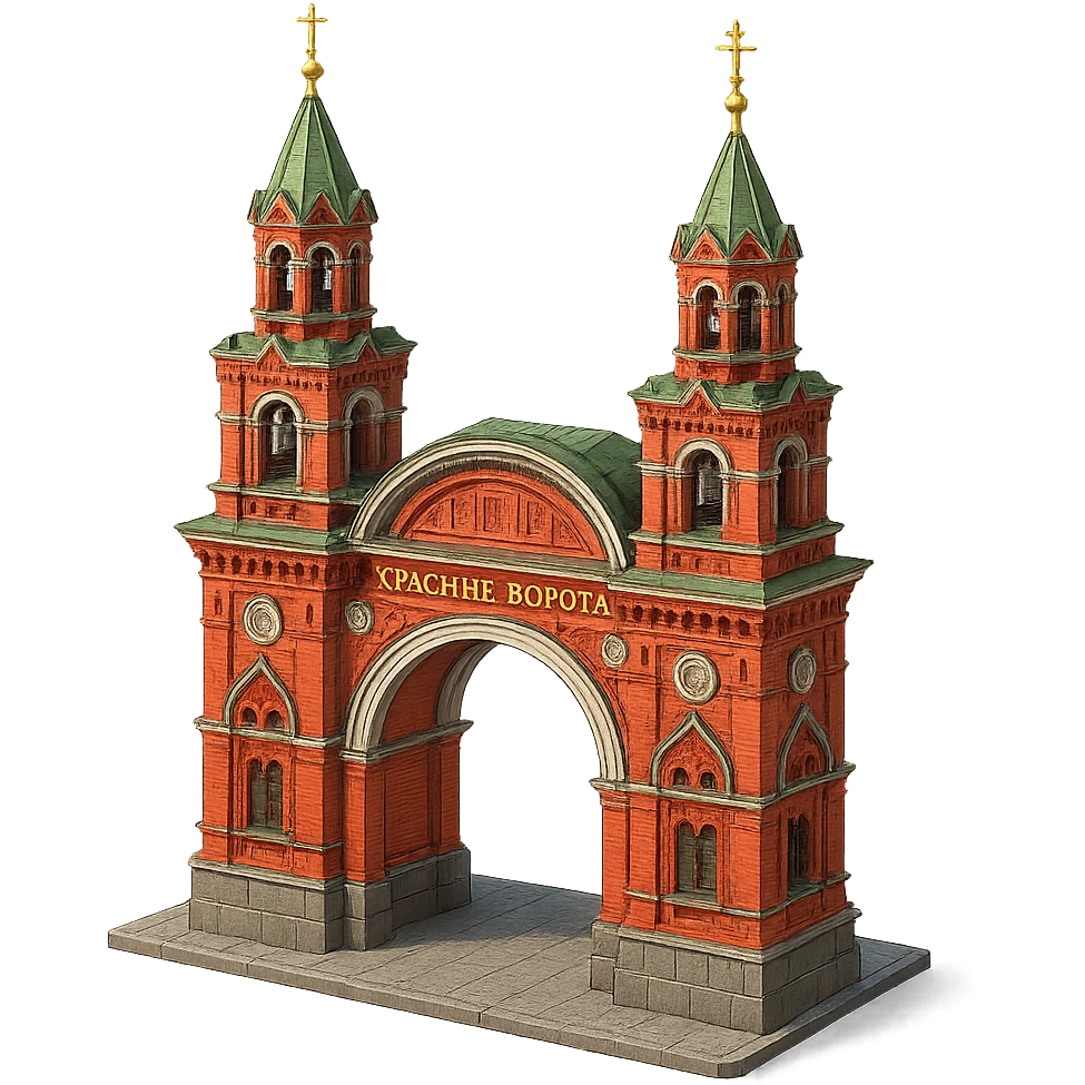 Изометричная, яркая, детализированная, объемная и фотореалистичная иллюстрация Красных ворот в Москве в красном цвете,  четкие линии, прозрачный фон emoji