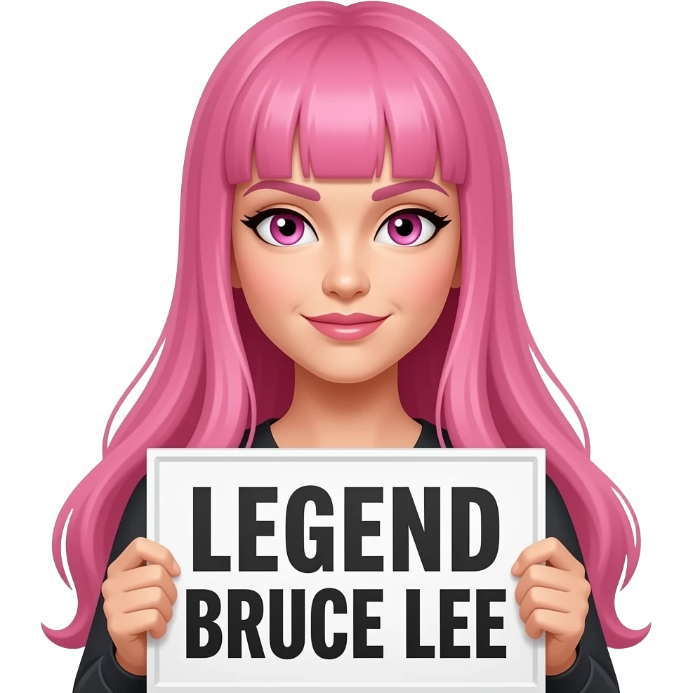 sexy girl with long pink hair and pink eyes holding LEGEND BRUCE LEE sign emoji