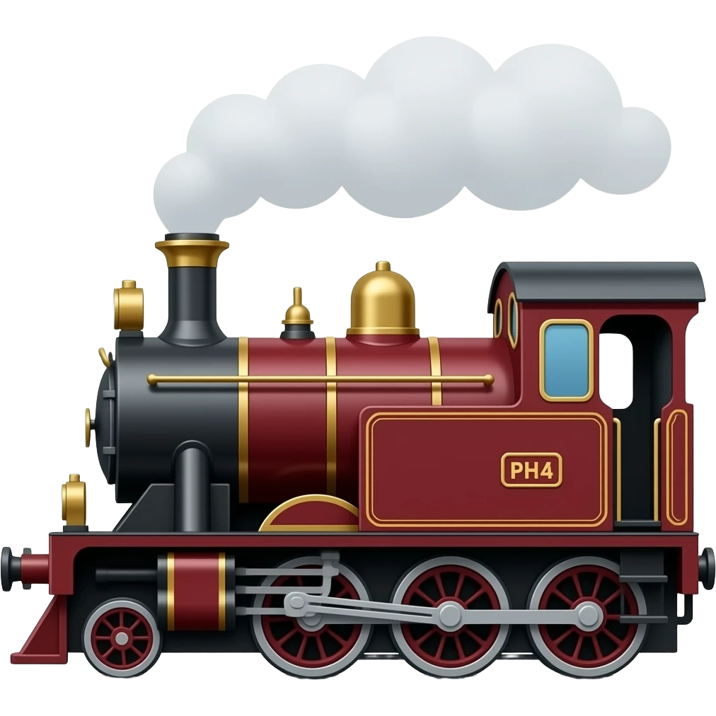 side view of a maroon steam train, classic emoji style, free-standing emoji