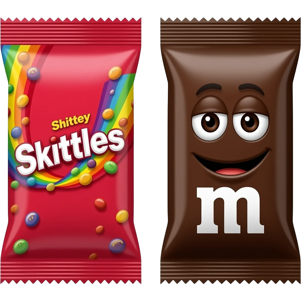 red packet of skittles & a brown packet of M&Ms emoji